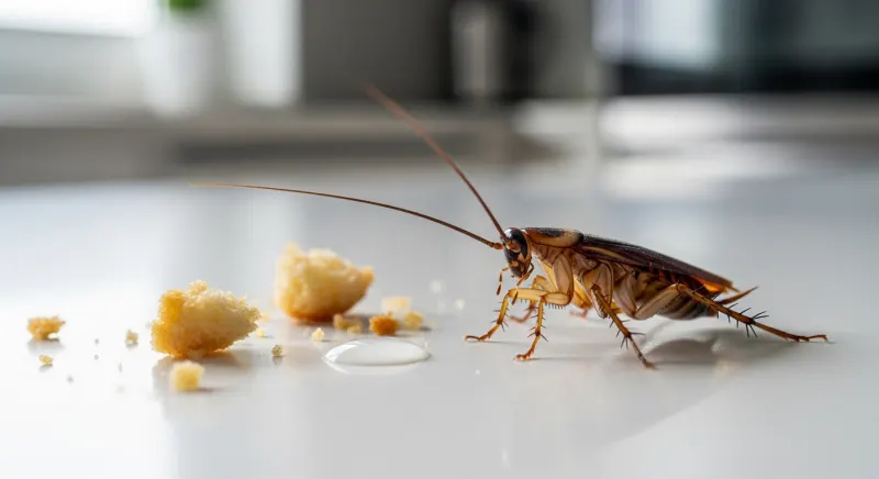 Cafard brun sur un plan de travail de cuisine près de miettes de pain et d'une goutte d'eau