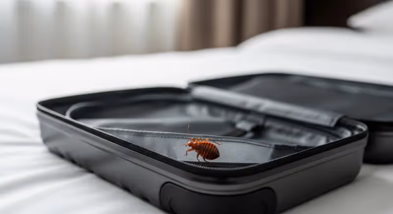 Valise ouverte sur un lit avec une punaise de lit visible sur le tissu