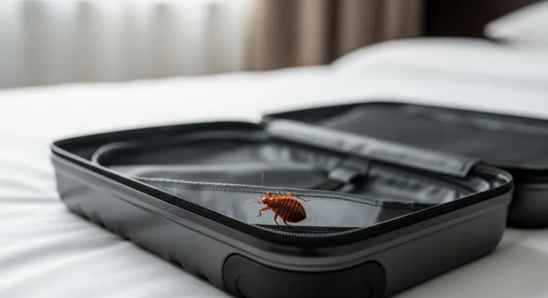 Valise ouverte sur un lit avec une punaise de lit visible sur le tissu