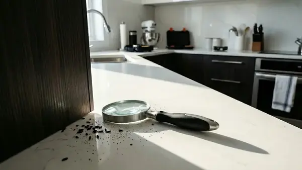Traces de crottes de cafards sur un plan de travail de cuisine avec loupe d'inspection