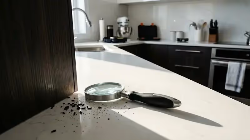 Traces de crottes de cafards sur un plan de travail de cuisine avec loupe d'inspection