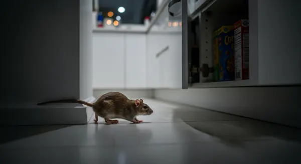 Rat brun se faufilant le long d'un mur de cuisine la nuit près de denrées alimentaires