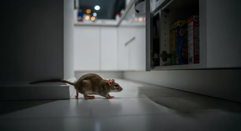 Rat brun se faufilant le long d'un mur de cuisine la nuit près de denrées alimentaires