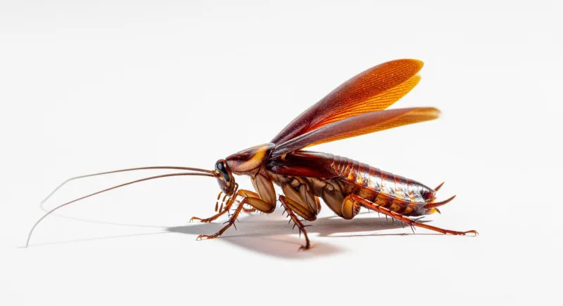 Gros cafard volant blatte américaine avec ailes déployées sur fond blanc