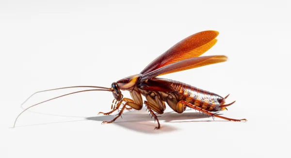 Gros cafard volant blatte américaine avec ailes déployées sur fond blanc