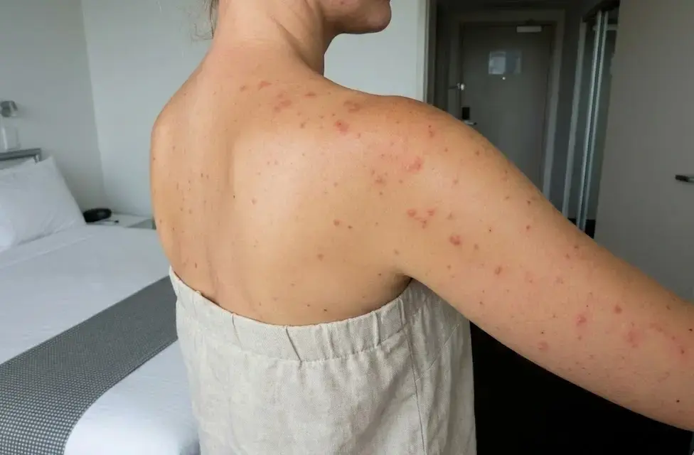 Femme avec piqûres de punaises de lit alignées sur un bras montrant des boutons rouges et des démangeaisons