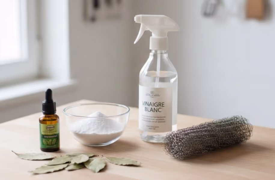 Répulsifs naturels anti-rats disposés sur un plan de travail avec huile essentielle de menthe poivrée et bicarbonate de soude