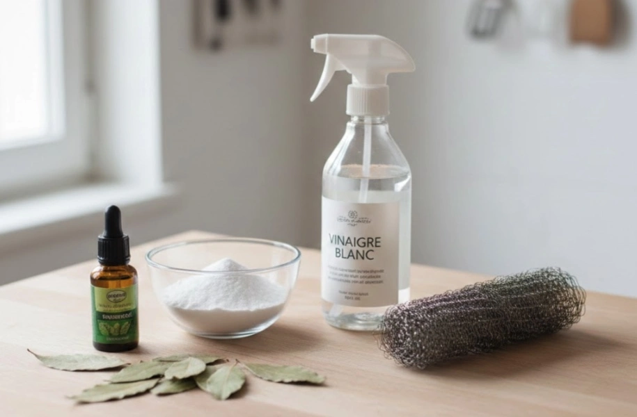 Répulsifs naturels anti-rats disposés sur un plan de travail avec huile essentielle de menthe poivrée et bicarbonate de soude