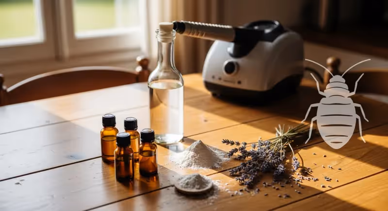 Remèdes naturels contre les punaises de lit avec terre de diatomée, vinaigre blanc et huiles essentielles sur une table en bois