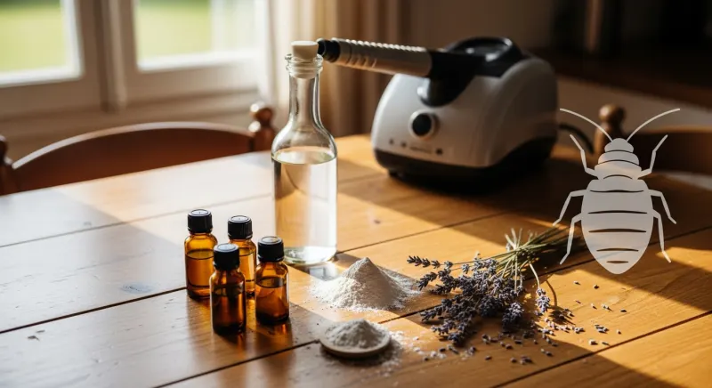 Remèdes naturels contre les punaises de lit avec terre de diatomée, vinaigre blanc et huiles essentielles sur une table en bois