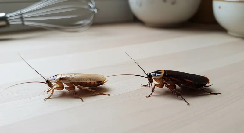 Comparaison visuelle entre une blatte de jardin et un cafard de maison sur fond de cuisine