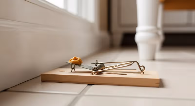 Piège à souris mécanique en bois avec appât au beurre de cacahuète posé le long d'un mur de cuisine