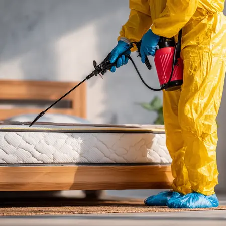 Photo d'un professionel appliquant un traitement contre les punaises de lit sur un matelas