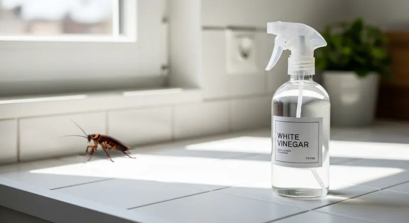 Spray de vinaigre blanc posé sur un plan de travail de cuisine avec un cafard en arrière-plan