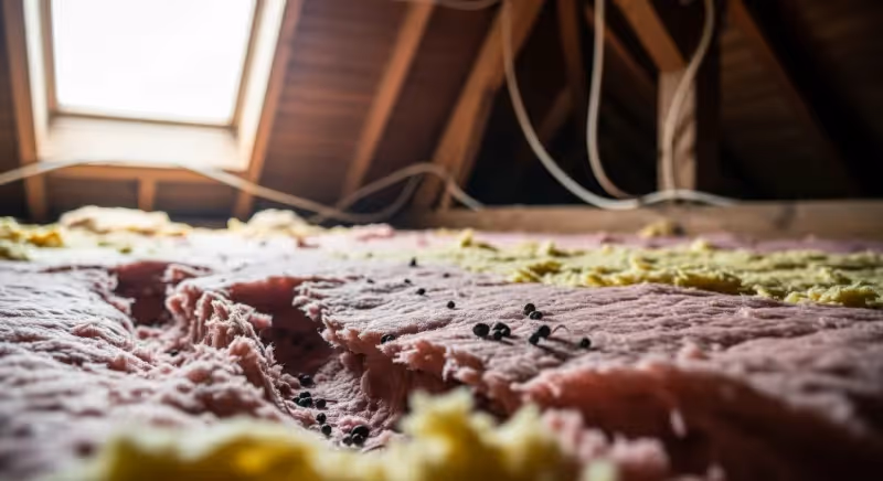 Laine de verre déchirée par des rats dans des combles avec crottes visibles et traces de passage