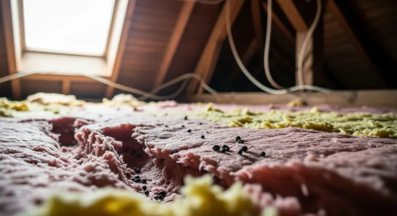 Laine de verre déchirée par des rats dans des combles avec crottes visibles et traces de passage
