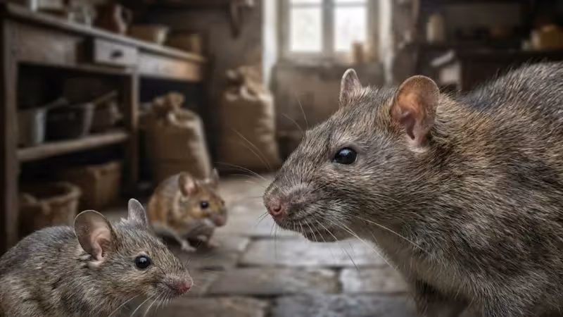 Différents types de rongeurs présents en France : rat brun, souris domestique et mulot sur fond naturel