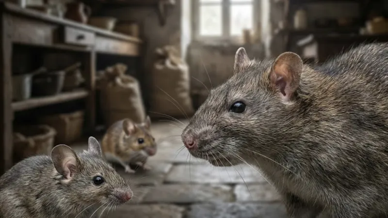 Différents types de rongeurs présents en France : rat brun, souris domestique et mulot sur fond naturel