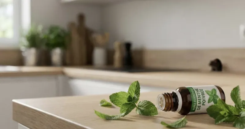 Répulsif naturel contre les rats avec huile essentielle de menthe poivrée posé près d'un trou de souris