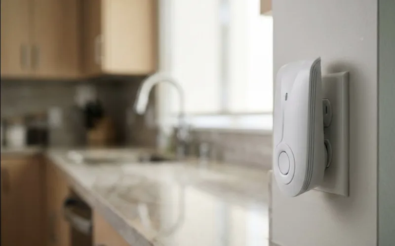 Appareil répulsif ultrason souris branché sur prise électrique dans une cuisine