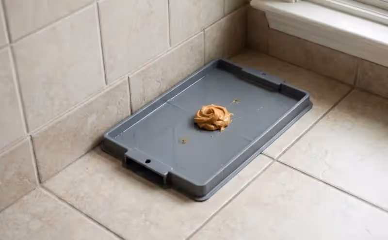 Plaque de glu pour rat posée le long d'un mur de cuisine carrelé, avec un petit tas de beurre de cacahuète au centre comme appât