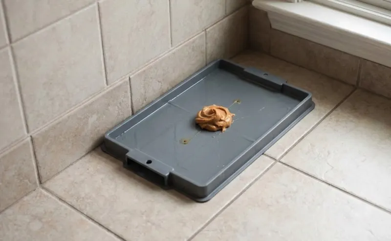 Plaque de glu pour rat posée le long d'un mur de cuisine carrelé, avec un petit tas de beurre de cacahuète au centre comme appât