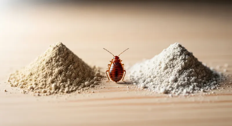 Comparaison entre terre de Sommières et terre de diatomée avec une punaise de lit en gros plan