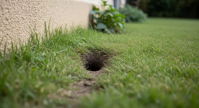 Entrée de terrier de rat diamètre 8 cm dans jardin près d'un mur de maison