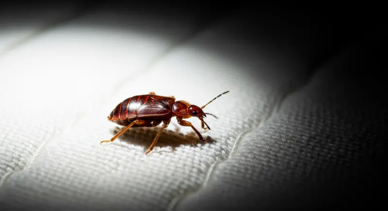Punaise de lit adulte en gros plan fuyant la lumière sur un matelas blanc avec des traces de piqûres