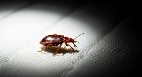 Punaise de lit adulte en gros plan fuyant la lumière sur un matelas blanc avec des traces de piqûres