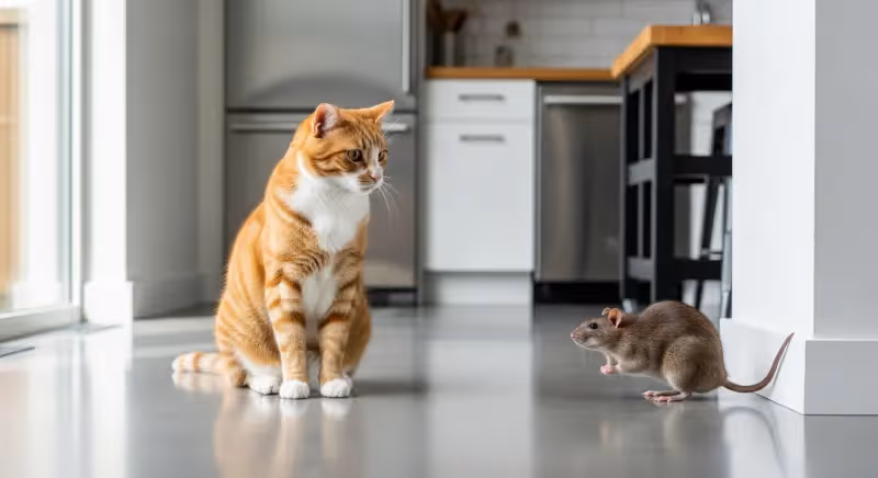 Chat domestique observant un rat brun à distance dans une cuisine, illustrant le danger des confrontations chat-rat
