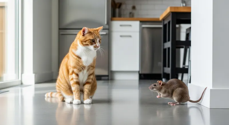 Chat domestique observant un rat brun à distance dans une cuisine, illustrant le danger des confrontations chat-rat