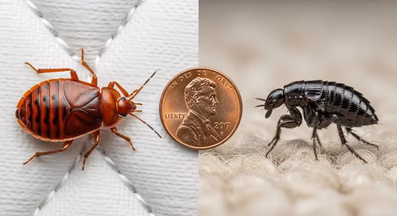 Comparaison visuelle entre une punaise de lit et une puce sur fond de matelas blanc avec traces caractéristiques