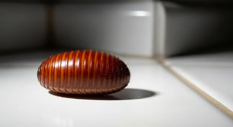 Photo macro d'une oothèque de cafard germanique posée sur un carrelage de cuisine