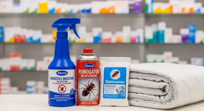 Produits anti-punaises de lit en pharmacie avec spray insecticide et fumigène sur un comptoir de pharmacie