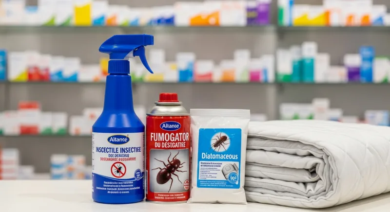 Produits anti-punaises de lit en pharmacie avec spray insecticide et fumigène sur un comptoir de pharmacie