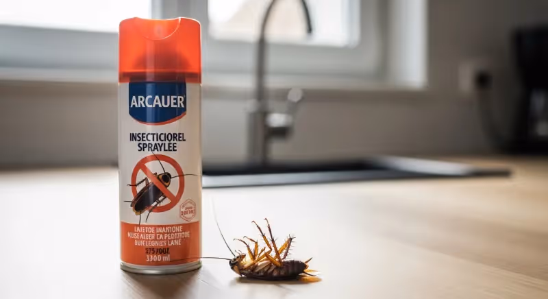 Bombe aérosol anti cafard posée sur un plan de travail de cuisine avec un cafard mort à côté