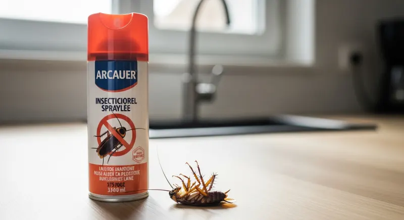 Bombe aérosol anti cafard posée sur un plan de travail de cuisine avec un cafard mort à côté
