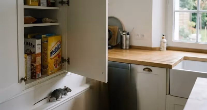 Souris grise se faufilant le long d'une plinthe de cuisine moderne près d'un placard alimentaire