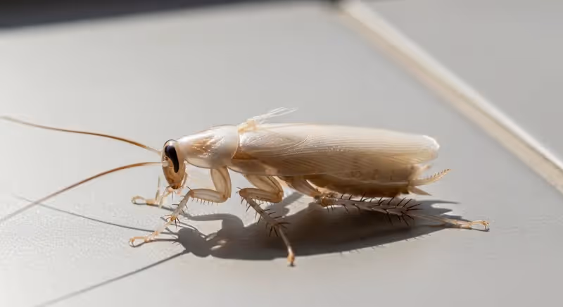 Cafard transparent après sa mue sur une surface de cuisine avec nouvelle peau blanche non pigmentée