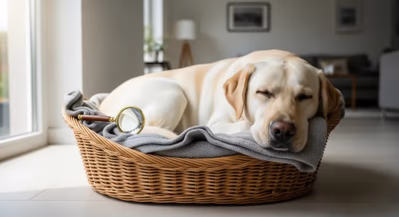 Chien couché dans son panier avec une loupe examinant des punaises de lit à proximité