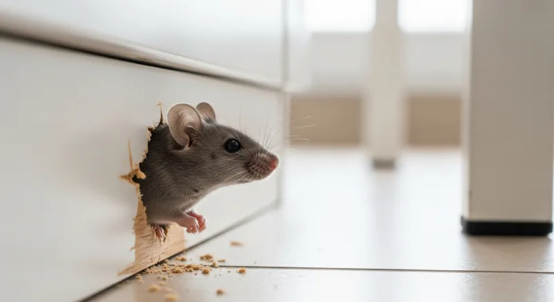 Souris maison cachée derrière une plinthe de cuisine avec traces de grignotage
