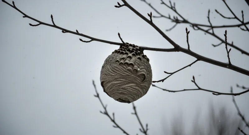 Nid de frelons asiatiques vide accroché à un arbre sans feuilles en hiver