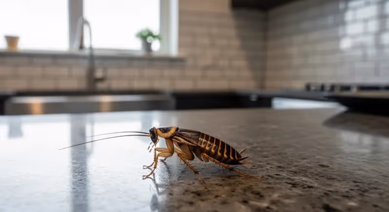 Cafard blatte germanique sur plan de travail cuisine appartement moderne