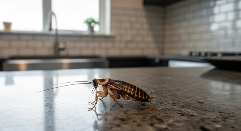 Cafard blatte germanique sur plan de travail cuisine appartement moderne