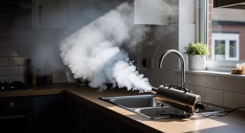 Fumigène anti-cafard en action dans une cuisine avec fumée blanche se diffusant
