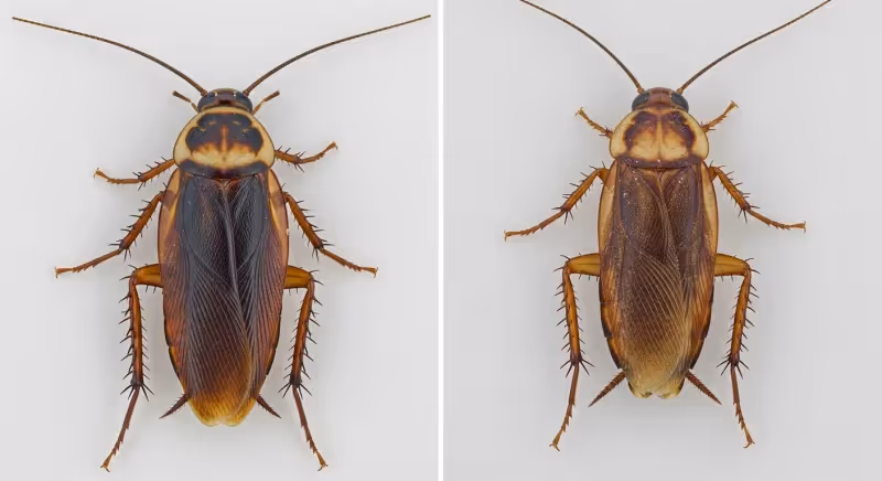 Comparaison visuelle entre un cafard germanique et une blatte de jardin Ectobius sur fond neutre