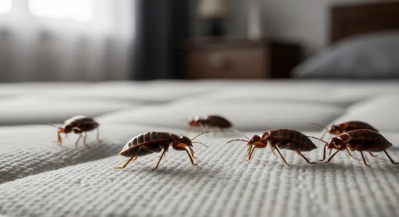 Gros plan sur des punaises de lit adultes sur un tissu de matelas illustrant l'odeur caractéristique de ces nuisibles