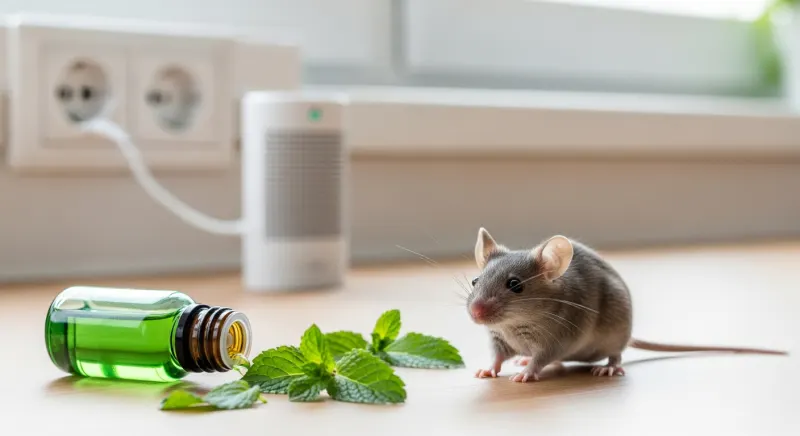 Souris grise près d'un flacon d'huile essentielle de menthe poivrée et d'un boîtier ultrason sur un plan de travail de cuisine