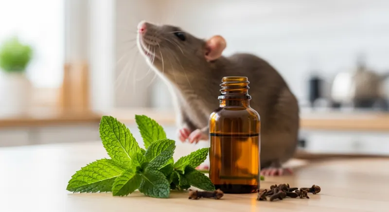Rat gris reniflant près de feuilles de menthe poivrée et huiles essentielles répulsives